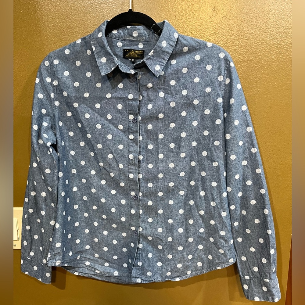 Le Mont St Michel Top 40 Button Up Work Shirt Knit Polka Dot Casual *